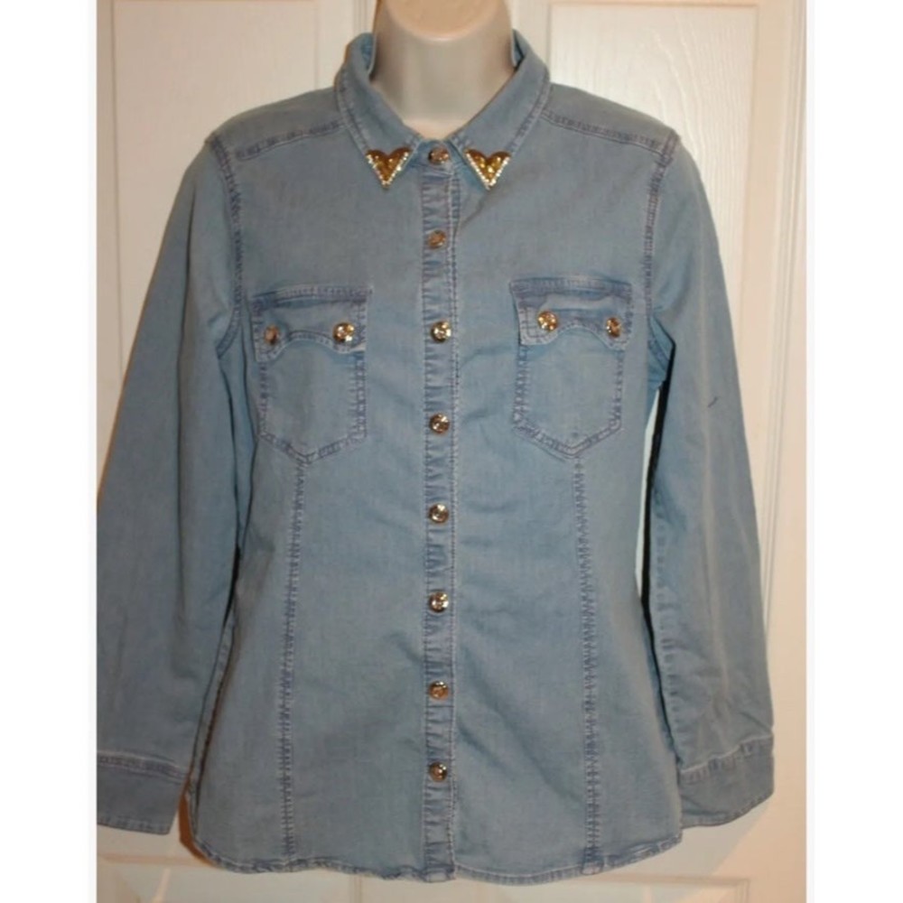 Vintage Cristina V embellished bling Crystal Western Country Denim Shirt Top M - Picture 4 of 12